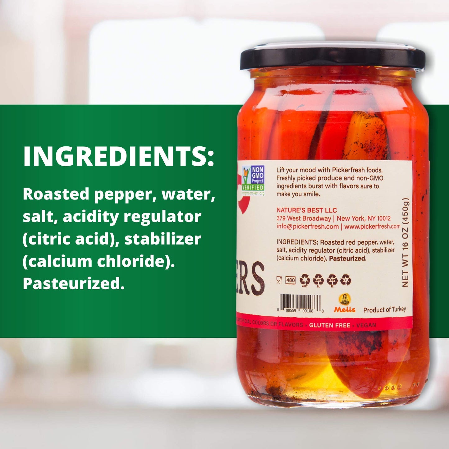 Pickerfresh Fire Roasted Red Peppers - Sweet & Tangy Peppers for Pasta & Pizza - Simple Ingredients - Non-GMO, No Artificial Color & No Preservatives - 16 oz