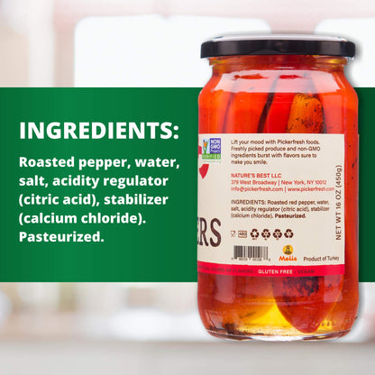 Pickerfresh Fire Roasted Red Peppers - Sweet & Tangy Peppers for Pasta & Pizza - Simple Ingredients - Non-GMO, No Artificial Color & No Preservatives - 16 oz