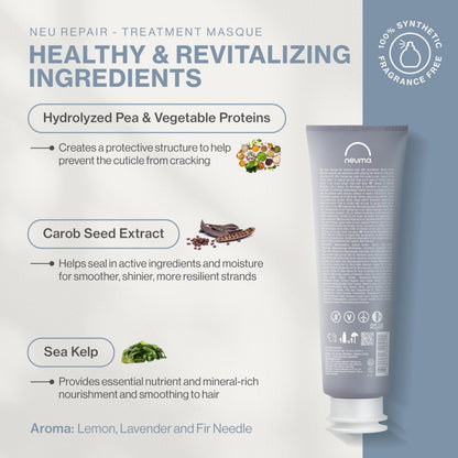 Neuma Neu Repair Treatment Masque, Hair Mask for Damaged Hair– Restores, Strengthens, Softens, Smooths, Nourishes, Revives, Protects, Lemon, Lavender & Fir Needle Scent