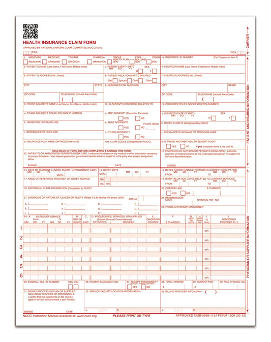 Adams Health Insurance Claim Forms for Laser Printer, 8.5 x 11 Inches, 100 per Pack (CMS1500L1V)