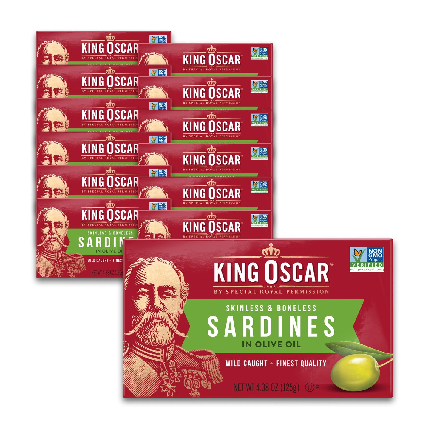 King Oscar Sardines in Olive Oil, 4.38 Ounce Cans (Pack of 12, Packaging May Vary), Skinless & Boneless, Wild Caught Canned Sardines