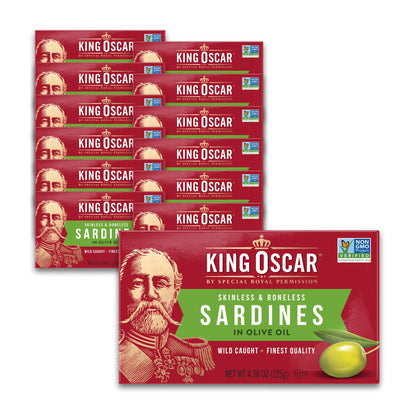 King Oscar Sardines in Olive Oil, 4.38 Ounce Cans (Pack of 12, Packaging May Vary), Skinless & Boneless, Wild Caught Canned Sardines