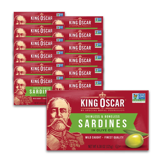 King Oscar Sardines in Olive Oil, 4.38 Ounce Cans (Pack of 12, Packaging May Vary), Skinless & Boneless, Wild Caught Canned Sardines