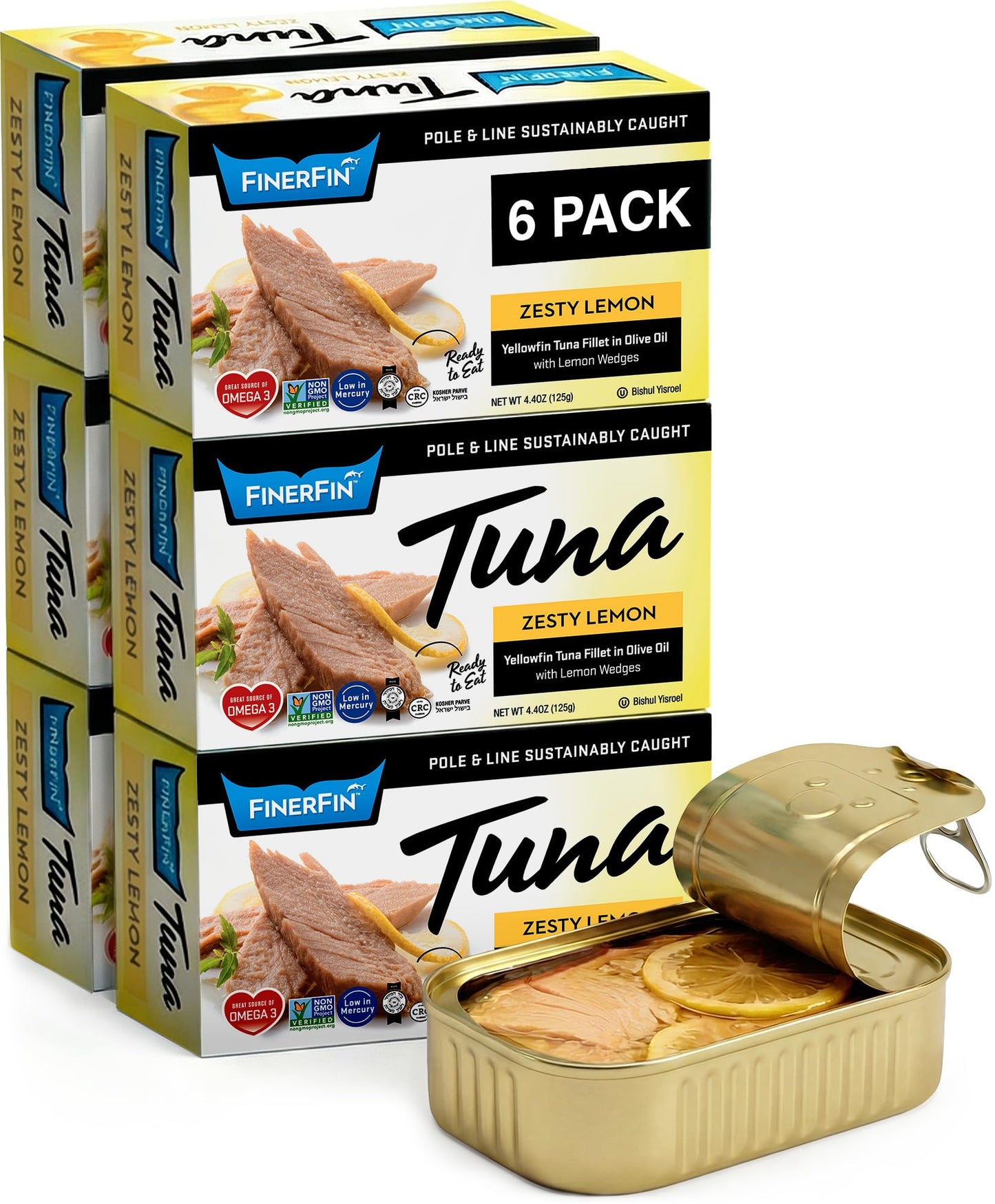 FinerFin Yellowfin Tuna Fillets in Organic Olive Oil | Zesty Lemon Flavor | Premium Canned Tuna Fish with EVOO | Gourmet Ready-to-Eat Pole & Line Caught Fillets | 4.4oz can - 6 Pack