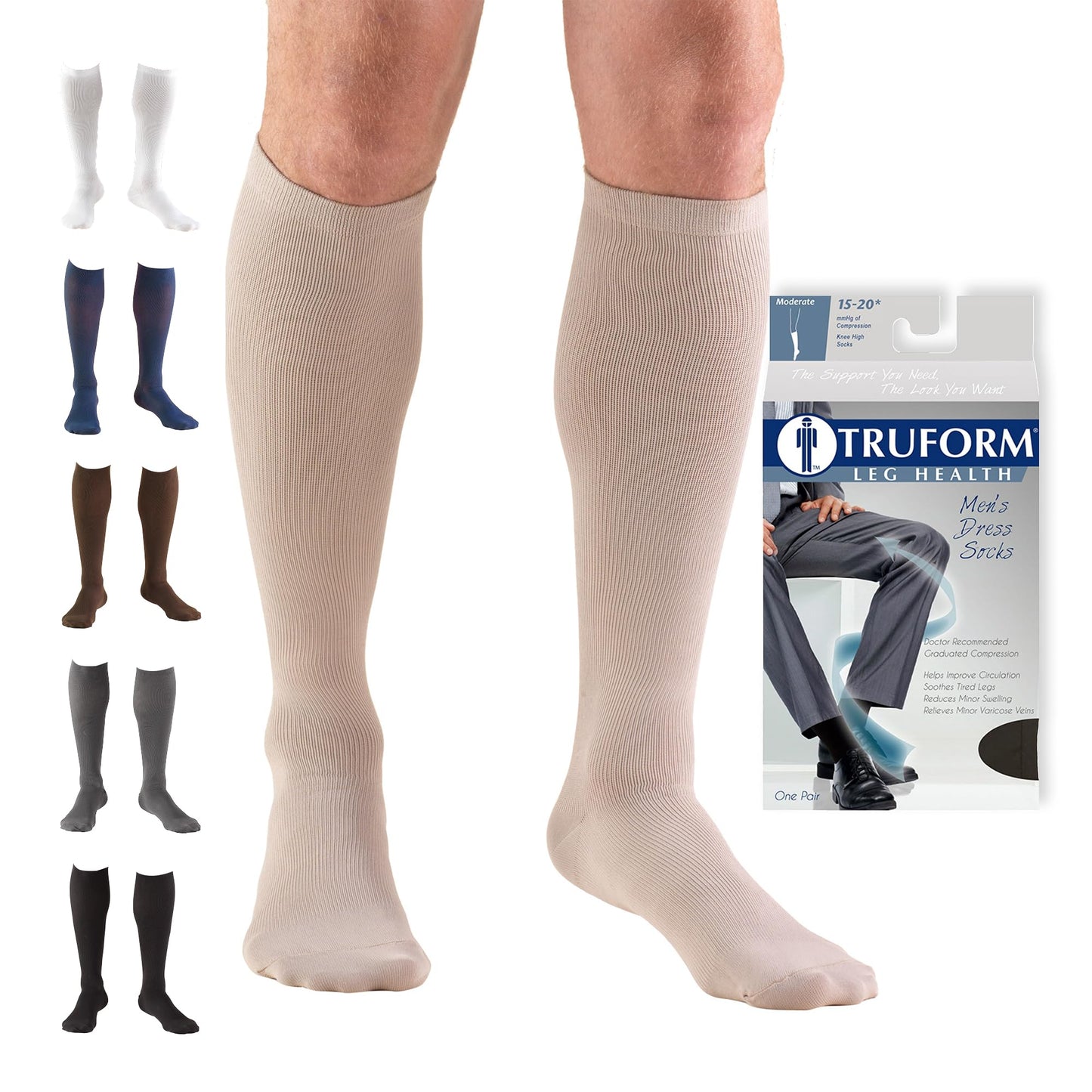 Truform Compression Socks, 15-20 mmHg, Men's Dress Socks, Knee High Over Calf Length, Tan, Medium
