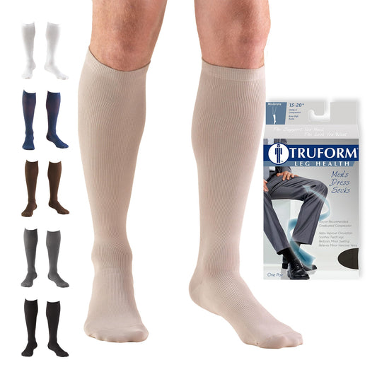 Truform Compression Socks, 15-20 mmHg, Men's Dress Socks, Knee High Over Calf Length, Tan, Medium
