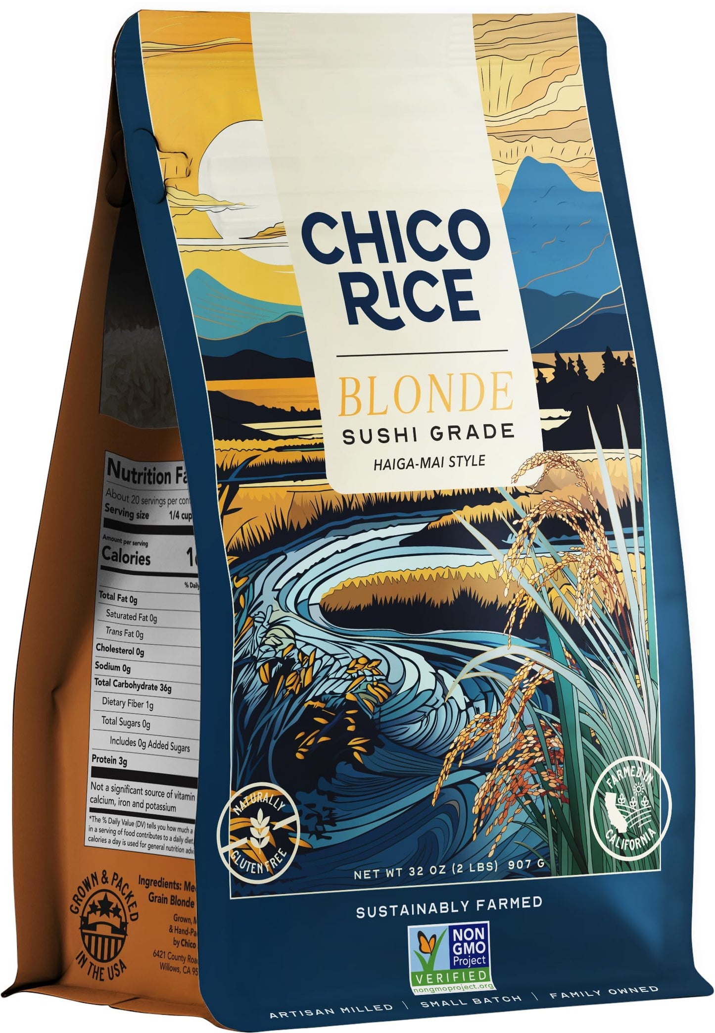 Chico Rice Blonde Milled California Japonica | Haiga-Mai Style, Freshly Milled, Non-GMO, Gluten-Free, Vegan | Nutritious, Quick-Cooking, Perfect for Sushi, Risottos, Stir-Fries, Grain Bowls - 32 oz. (2 Pack)
