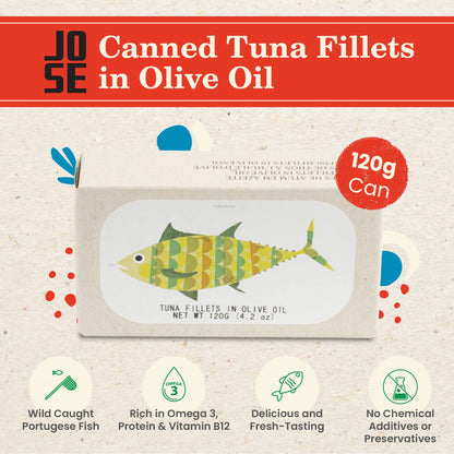 Canned Tuna Fillets in Olive Oil by Jose Gourmet, Wild Caught Portuguese Tuna, Canned Fish in Olive Oil, Omega 3, Fair Trade, 125g Can