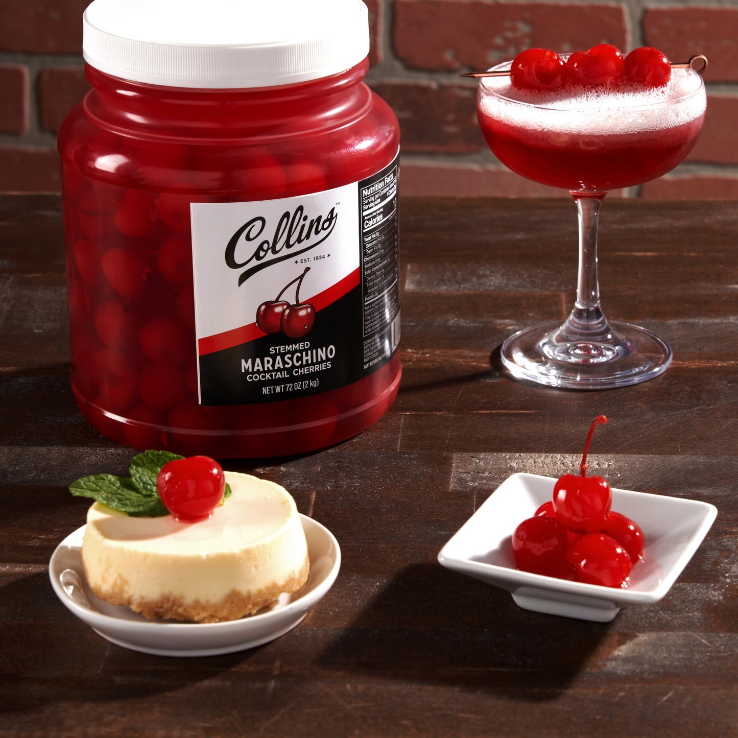 Collins 72 oz Stemmed Maraschino Cherries, Bulk Cocktail Garnish for Mocktails, Desserts and Ice Cream Sundaes, Bright Red Cherries with Stems for Party Supply, Food Service & Bars, 4.5 Pound Jar