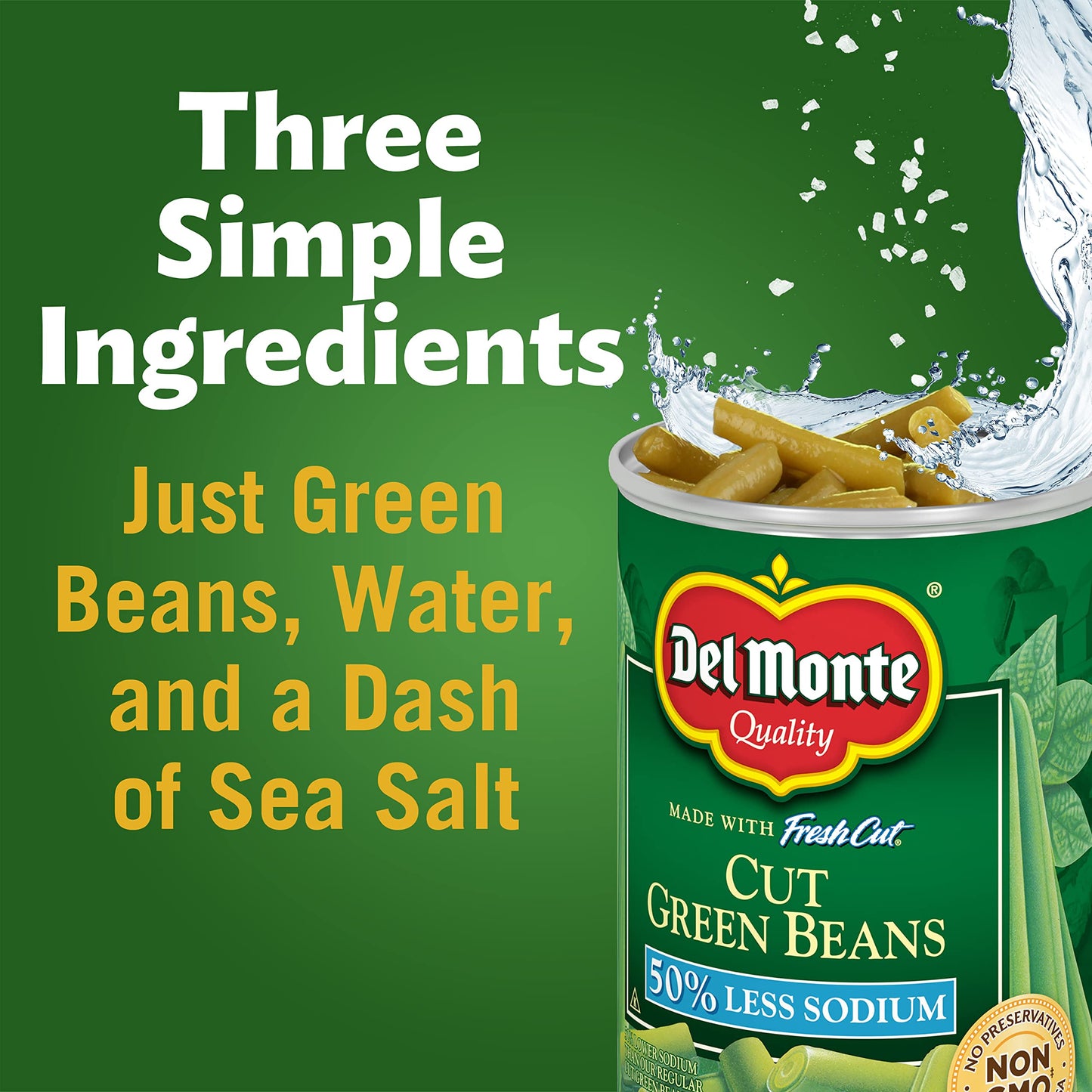 DEL MONTE FRESH CUT BLUE LAKE 50% Reduced Sodium Cut Green Beans, Canned Vegetables, 12 Pack, 14.5 oz Can