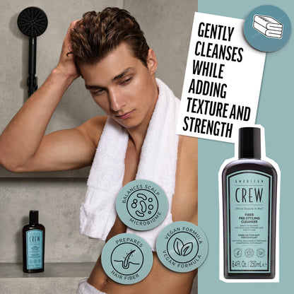 AMERICAN CREW Men's Pre-Styler Fiber Shampoo for Damaged & Fine Hair, Strengthening Shampoo, Adds Thickness & Shine, Vegan, 8.4 fl oz