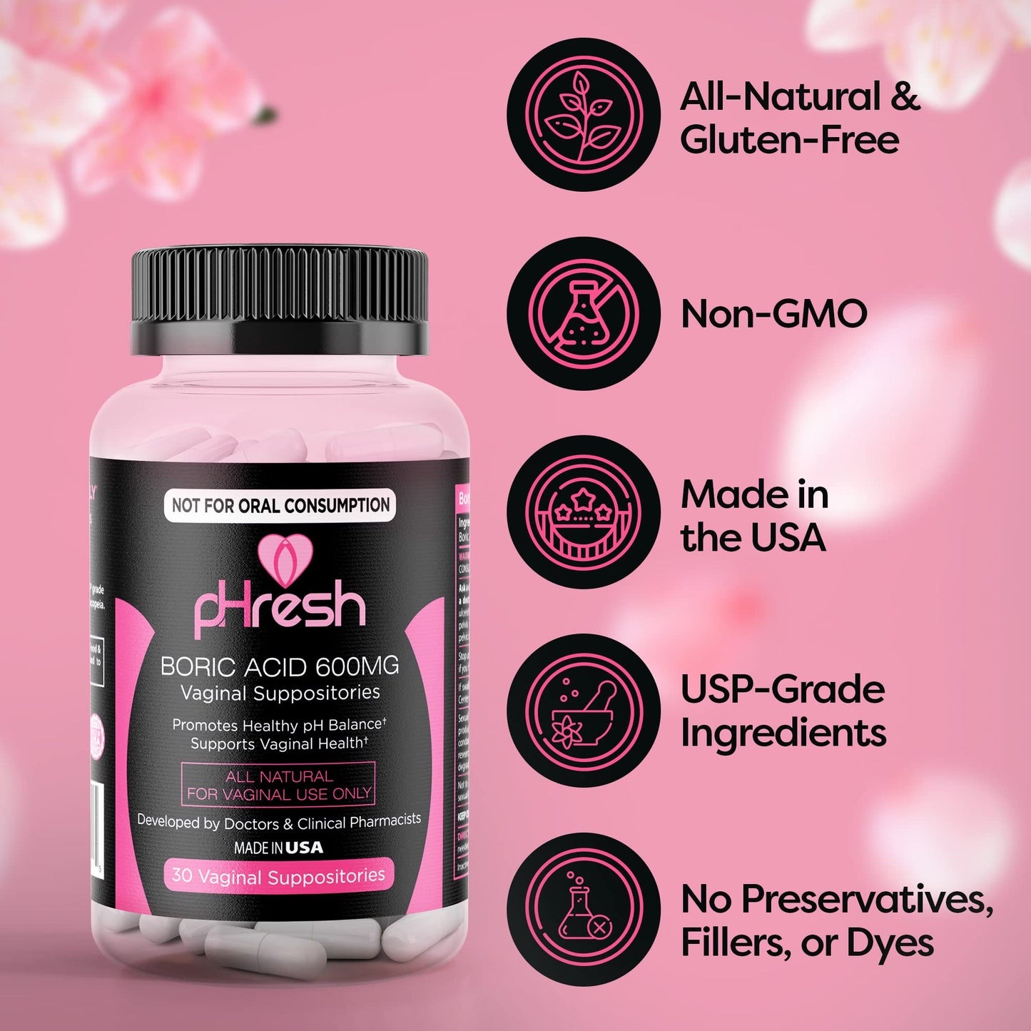 pHresh Boric Acid Suppositories for Women, Suppositories for Odor Use, Natural Feminine Care Supports Vaginal Health & Promotes Healthy pH Balance - Made in USA