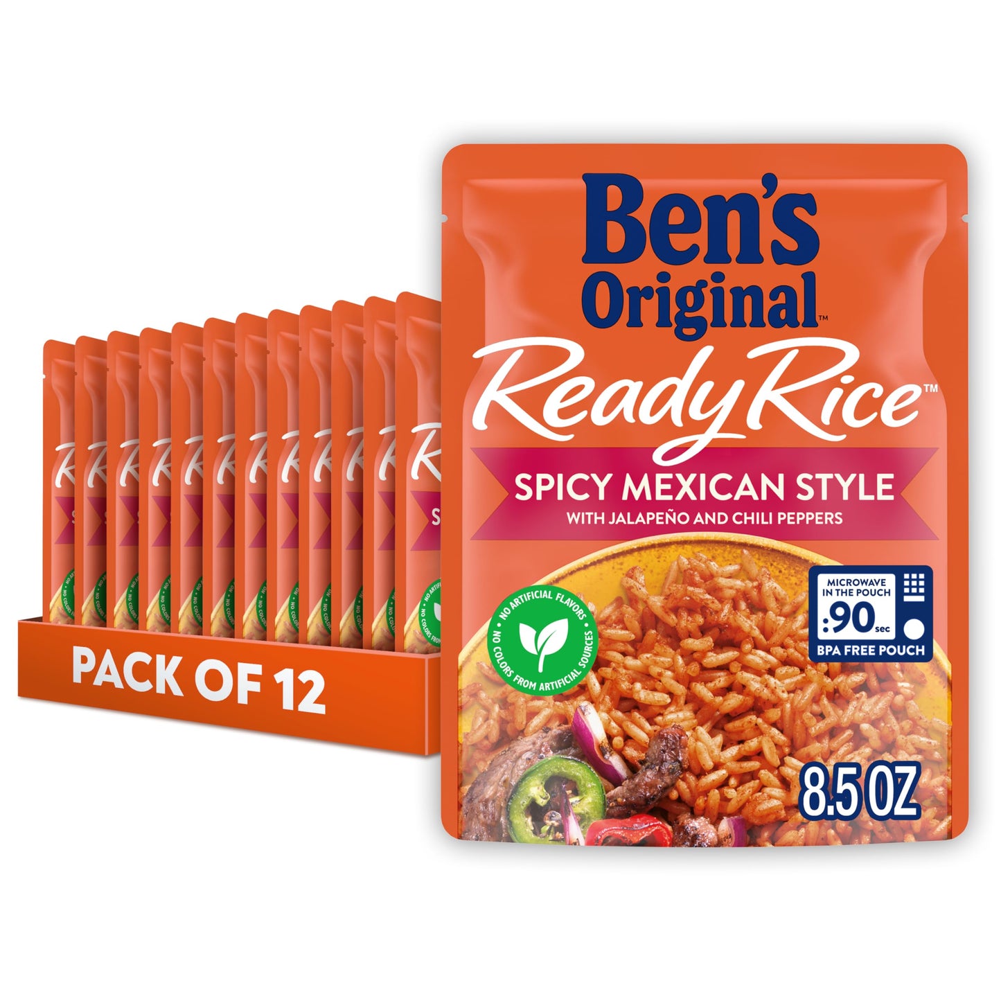 BEN'S ORIGINAL Ready Rice Spicy Mexican Style Flavored Rice, Easy Dinner Side, 8.5 oz Pouch (Pack of 12)