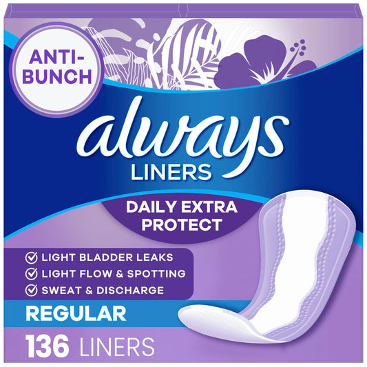 Always Panty Liners for Women Anti-Bunch Xtra Protection Daily Liners, Regular, Unscented, 136 Count