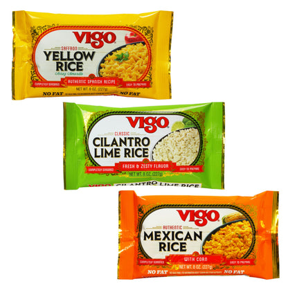 Vigo Authentic Rice Variety Pack, Low Fat, 8oz Pack of 3 (Saffron Yellow Rice, Mexican Rice with Corn, and Cilantro Lime Rice)