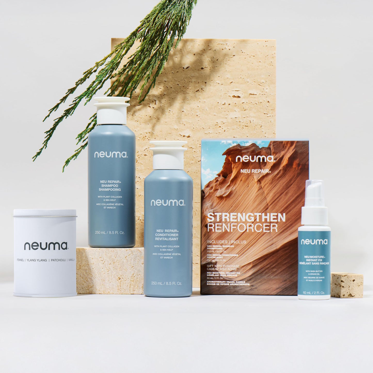 NEUMA Glow Strong. Glow Bright. Strengthen Gift Set. Neu Repair 8.5 Fl Oz. Shampoo and Conditioner + Neu Moisture 2 Fl. Oz. Instant Fix + Aroma Therapy Travel Candle