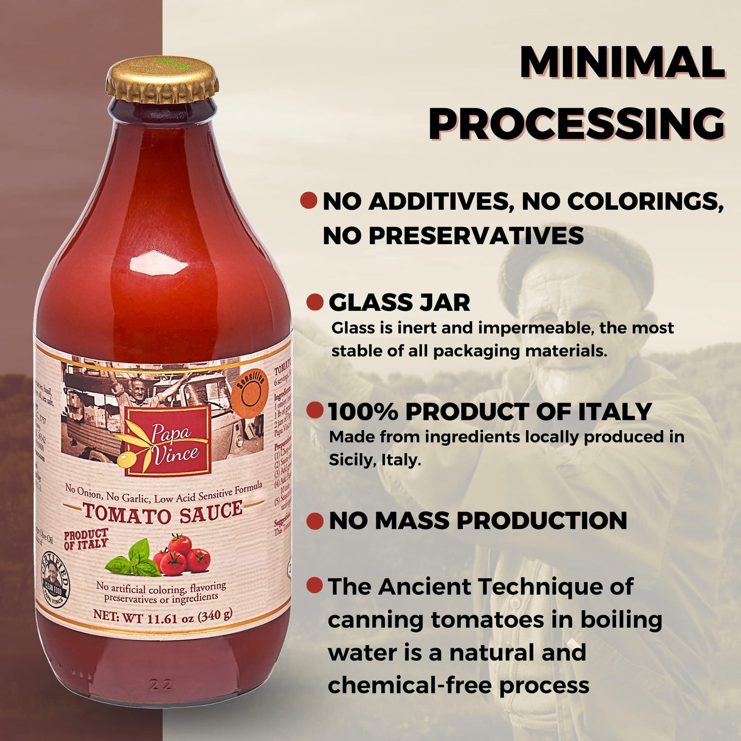 Papa Vince Pasta Tomato Sauce: Low Acid Garlic-Free Formula, Low Sodium, No Onion No Added Sugars. Non-GMO Gluten Free. Organic Cherry Tomatoes made in Sicily Italy. Small Batch. Exceptional Taste