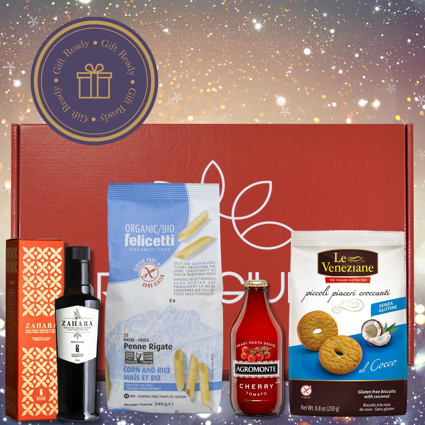 Brava Guilia Gluten Free Dinner Gift Box and Dessert Kit With Organic Pasta, Olive Oil, Tomato Sauce and Cookies all made in Italy