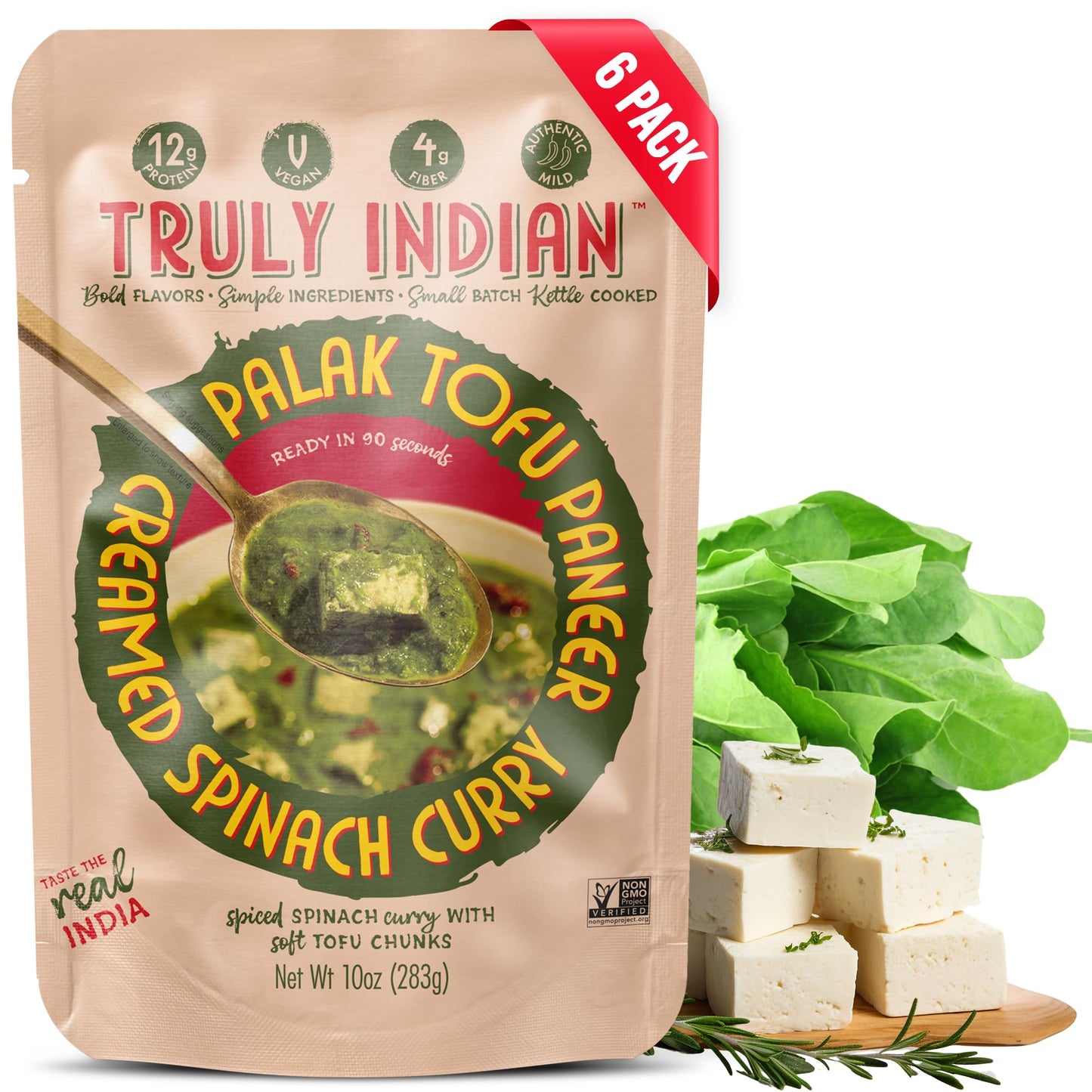 Truly Indian Creamed Spinach & Tofu Curry (Palak Tofu Paneer) 10 Ounce 6-Pack | Authentic Traditional Indian food | Made Fresh in India With Locally Grown Ingredients | Ready to Eat, Vegan
