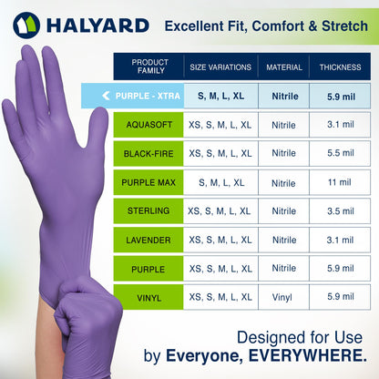HALYARD Purple Nitrile-Xtra Exam Gloves, Sterile (Individually Wrapped), Powder-Free, 5.9 mil, 12 Inches, Purple, Large, 14262 (Box of 100/50 Pairs)