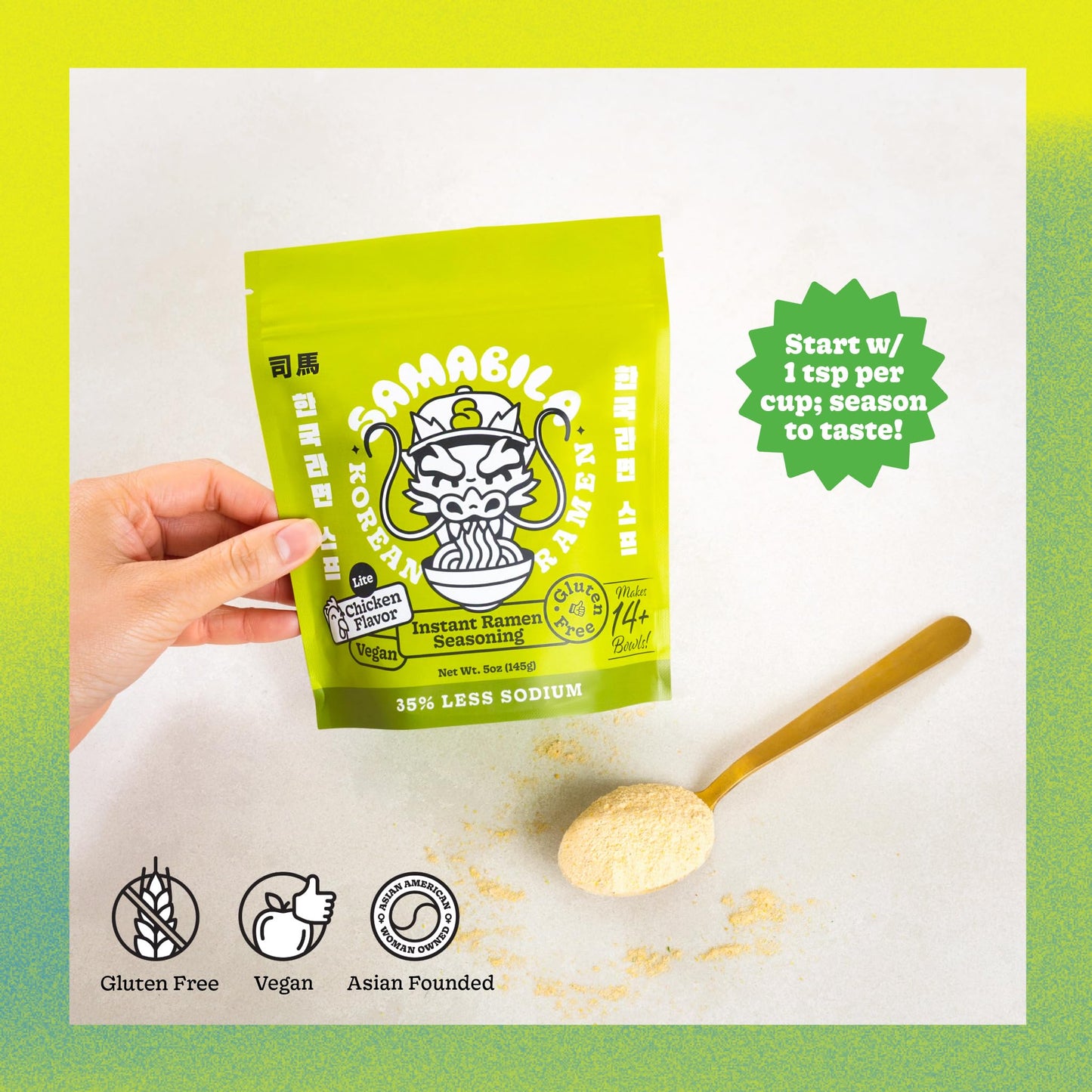 SAMABILA Chicken Lite Instant Ramen Seasoning Powder (35% LESS SODIUM) - Gluten Free - Vegan - Mild - Premium Instant Noodle Soup Powder - 5 oz