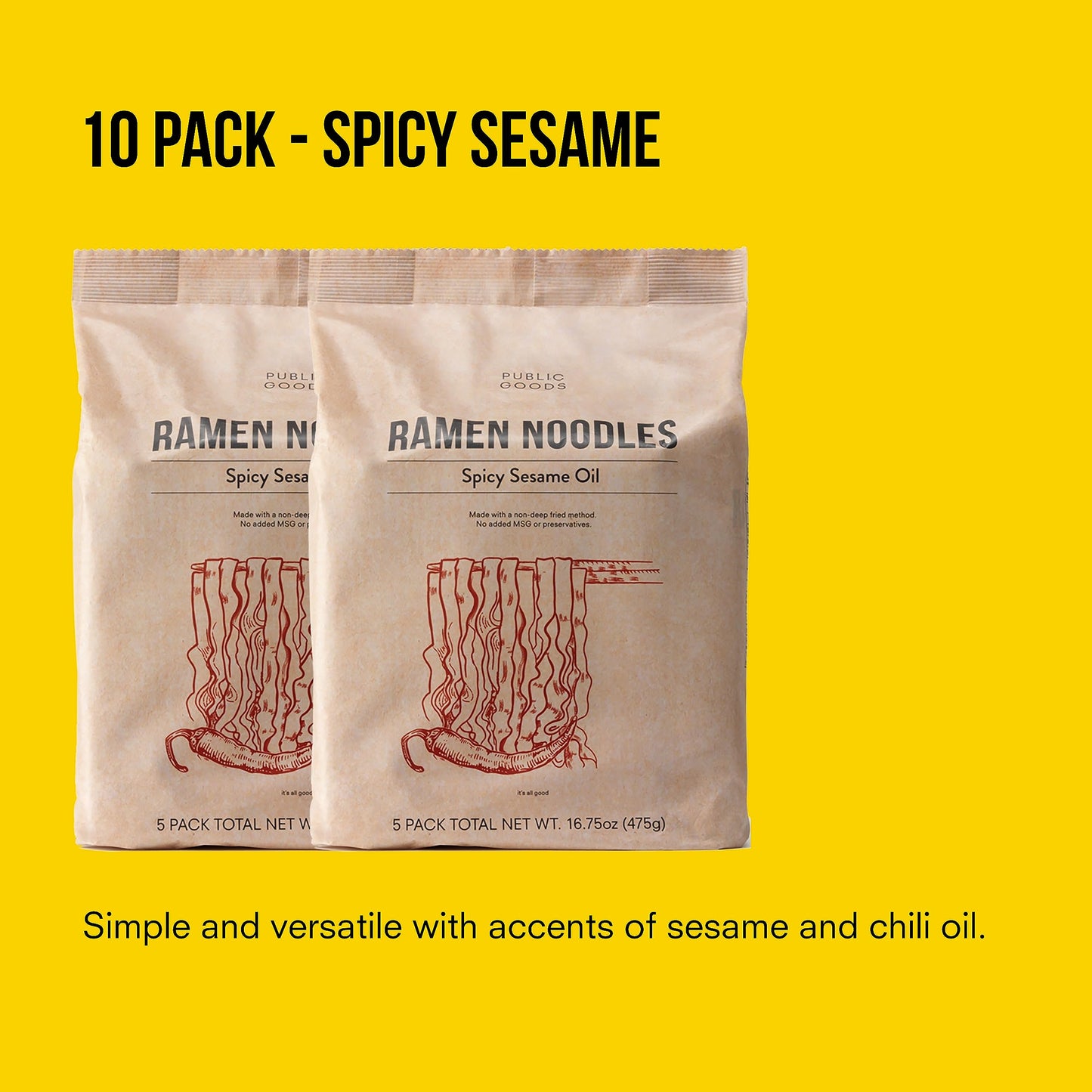 Public Goods Ramen Noodles | Brothless Vegan & Vegetarian Instant Ramen | Healthy, High Protein Asian Noodle | Preservative Free | No Added MSG | Spicy Sesame Oil (10 Pack)