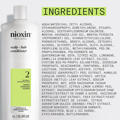 Nioxin Scalp + Hair Thickening System 2 Conditioner| For Natural or Untreated Hair with Progressed Thinning| With Niacinamide and Biotin | 33.8 Fl oz.