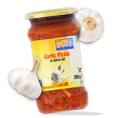 Ashoka 1932 | All Natural | Indian Pickle in Olive Oil | Indian Origin Pickle | Pickled Garlic | Great as a Condiment | Medium Spiced | Vegan | Kosher Certified | 300 Grams (Pack of 1)