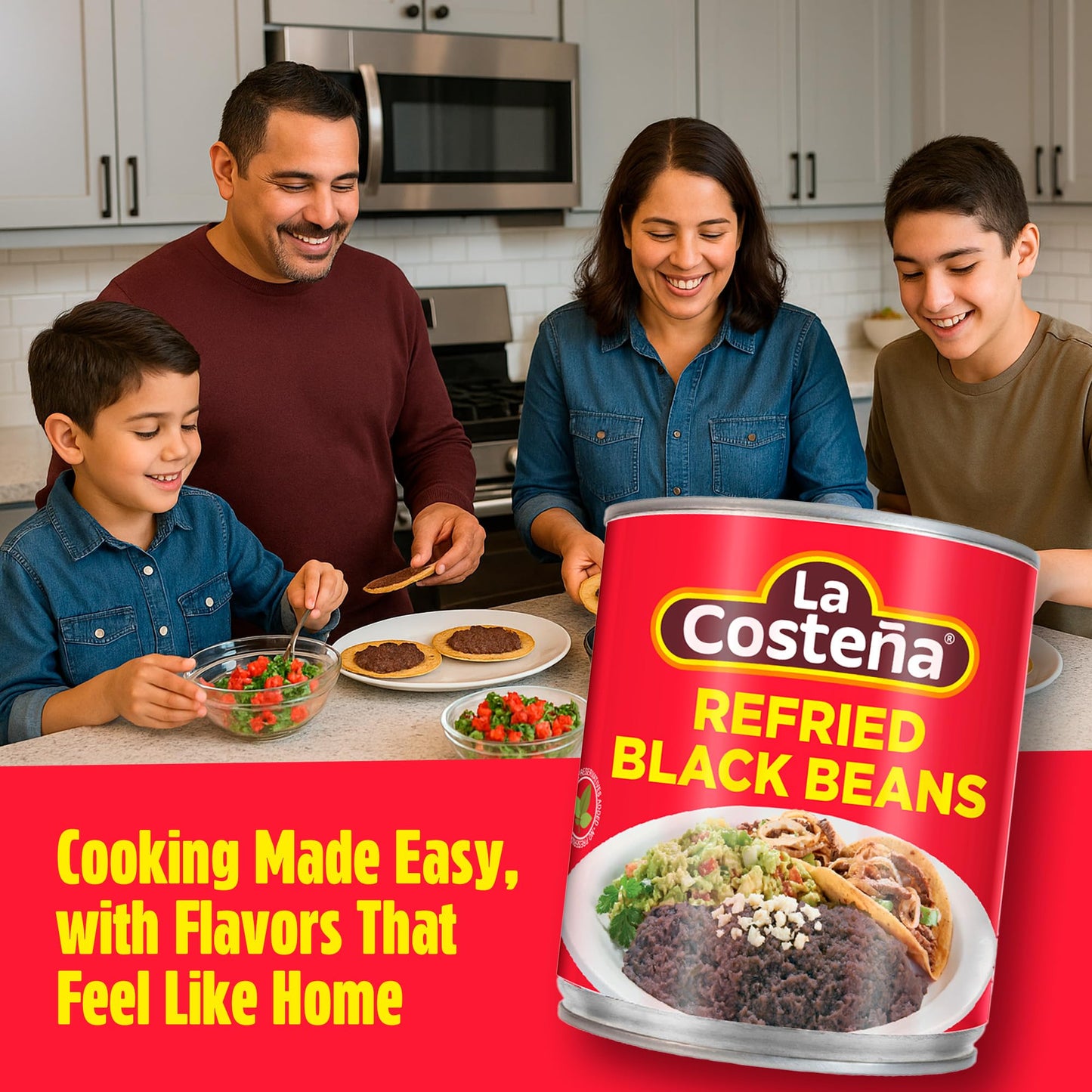 La Costeña Refried Black Beans - Ready-to-Eat Canned Refried Beans for Mexican Food, Mexican Rice, Nacho Bean Dip, Bean Burrito, Burger, Carne Asada, Fajita & Taco Seasoning - 20.5oz, 6 Pack Cans