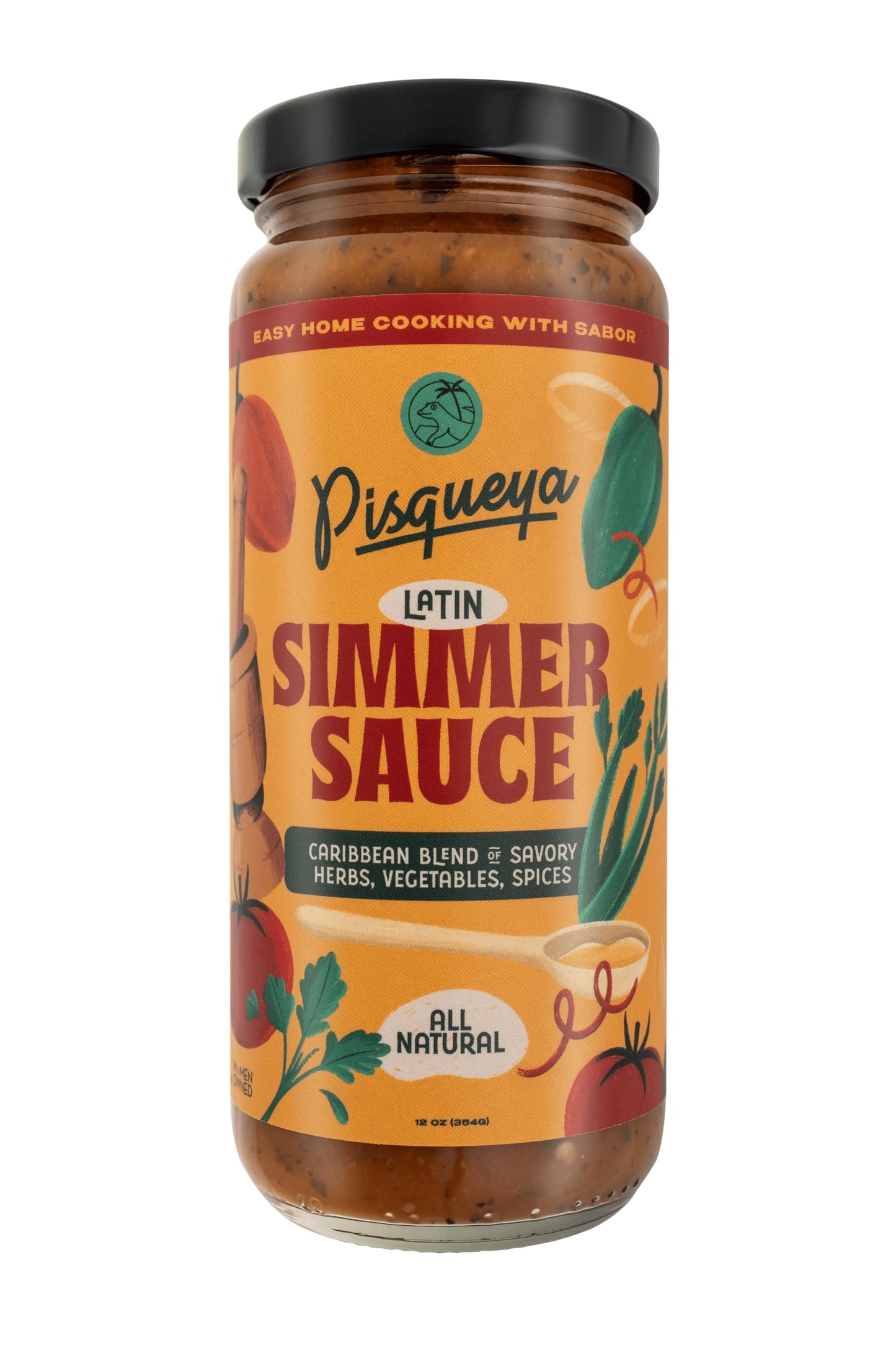 PISQUEYA Latin Simmer Sauce - All Natural Caribbean Blend, Plant Based, Dairy Free, No Sugar Added, Aji Gustoso Pepper, Dominican Oregano, Tomato, Stew Base, 12.5oz