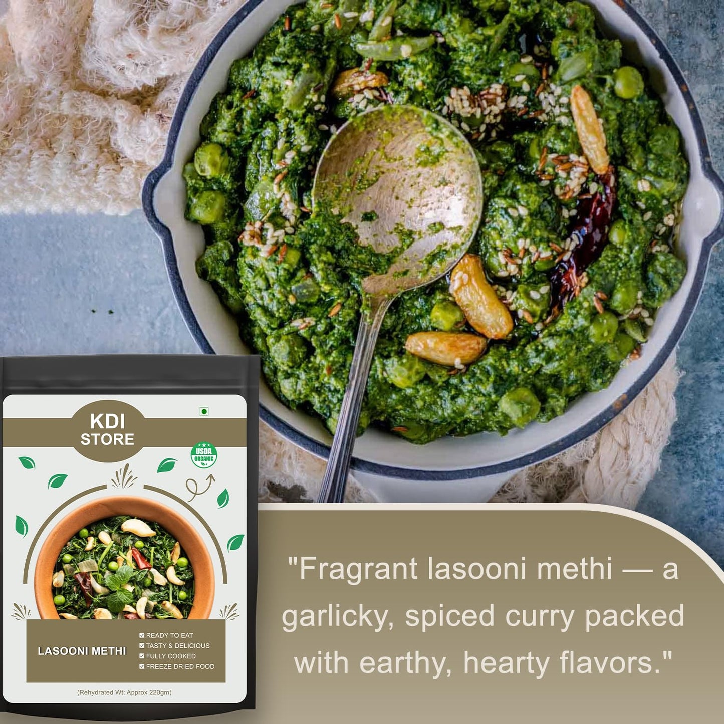 KDI Store Lasooni Methi, USDA Organic Ready-to-Eat Indian Curry, Freeze-Dried, Garlicky Spiced,50g