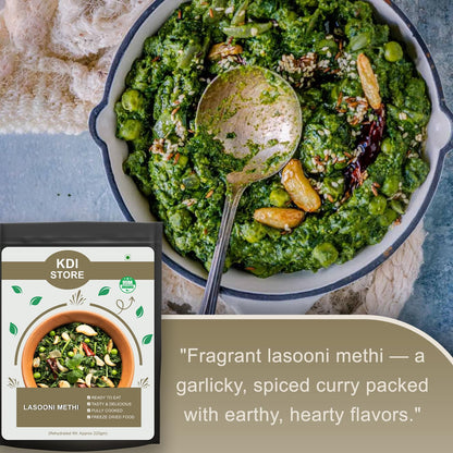 KDI Store Lasooni Methi, USDA Organic Ready-to-Eat Indian Curry, Freeze-Dried, Garlicky Spiced,50g