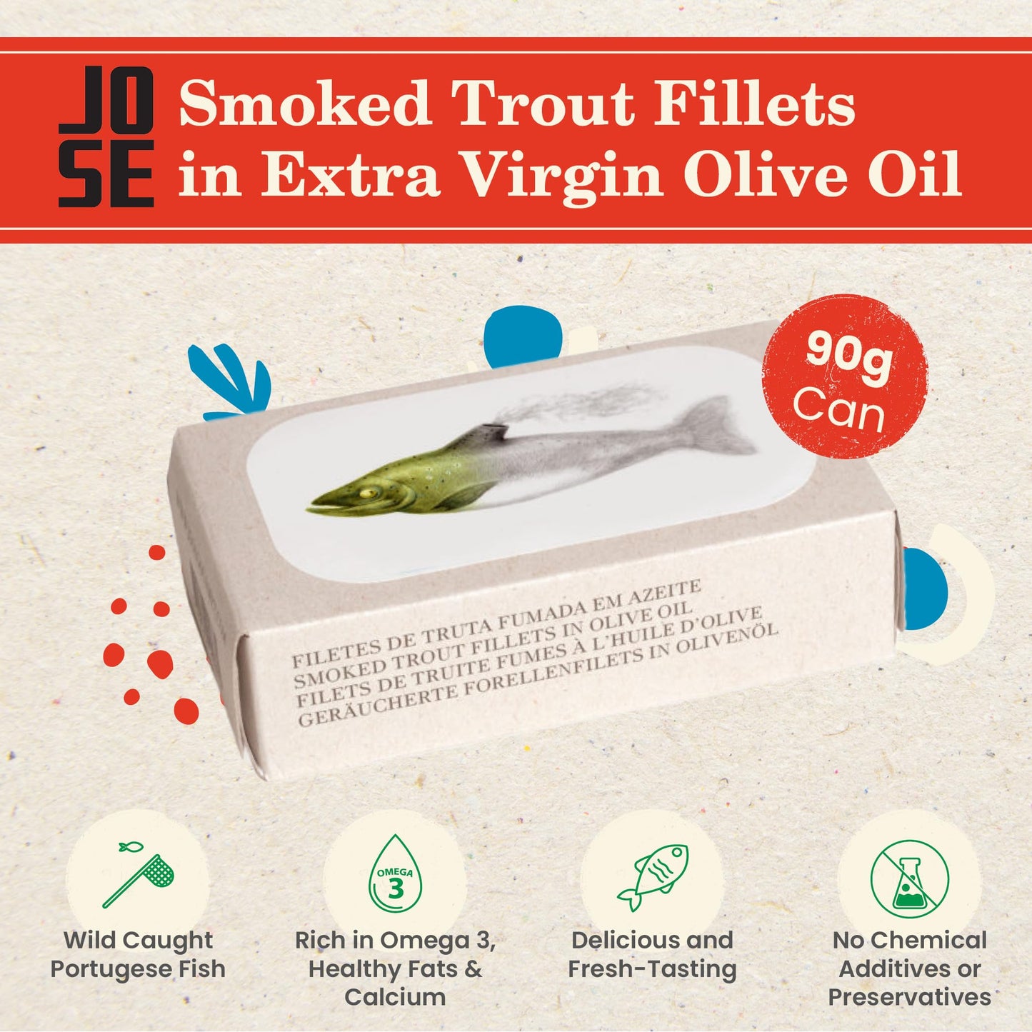 Canned Smoked Trout fillets in Extra Virgin Olive Oil by Jose Gourmet, Wild Caught Portuguese Trout, Tinned Fish in Olive Oil, High Protein Sustainable Seafood Snacks, Omega 3, Fair Trade, 90g