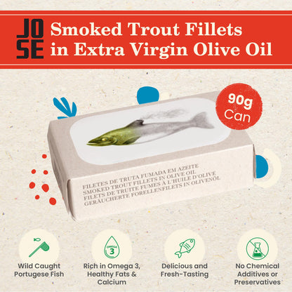 Canned Smoked Trout fillets in Extra Virgin Olive Oil by Jose Gourmet, Wild Caught Portuguese Trout, Tinned Fish in Olive Oil, High Protein Sustainable Seafood Snacks, Omega 3, Fair Trade, 90g