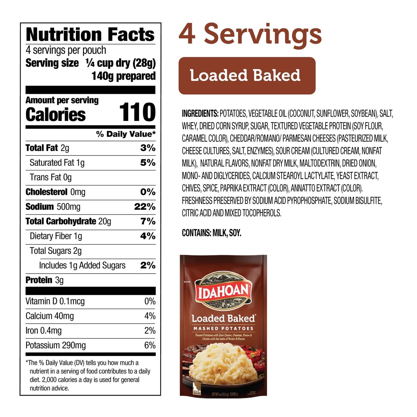 Idahoan Loaded Baked Mashed Potatoes, Naturally Gluten-Free, 100% Real Idaho Potatoes, 4 servings per bag, 4 ounce (Pack of 12)