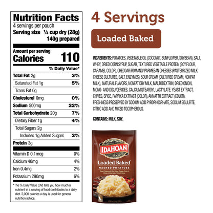 Idahoan Loaded Baked Mashed Potatoes, Naturally Gluten-Free, 100% Real Idaho Potatoes, 4 servings per bag, 4 ounce (Pack of 12)
