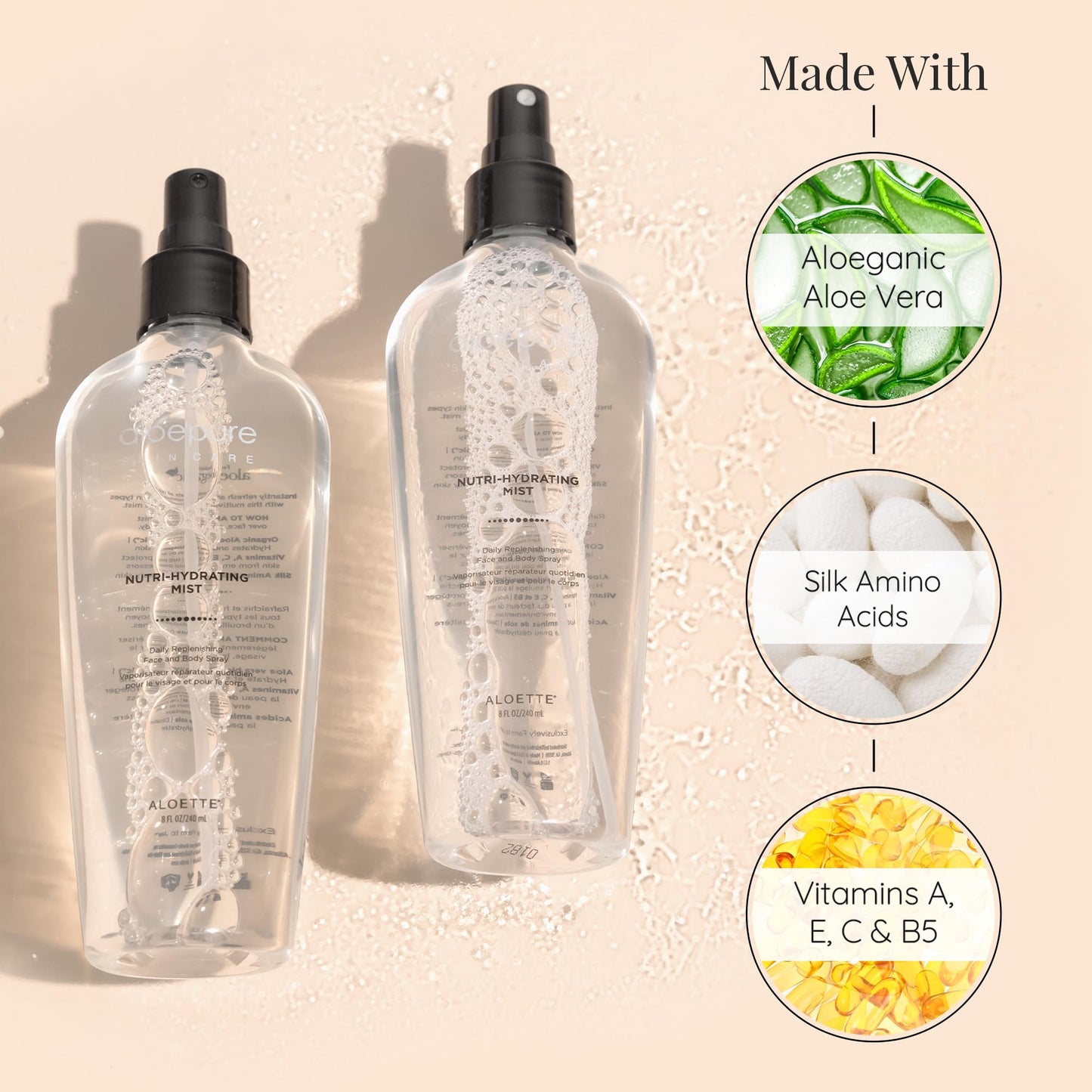 Aloette Nutri-Hydrating Mist After Sun Spray – Aloe Vera Facial & Body Mist with Silk Amino Acids, Vitamins A, E, C & B5 – Hydrating Face, Neck & Skin Spray for a Glowing Complexion – 8oz