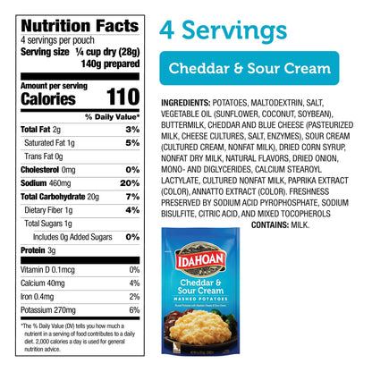 Idahoan Cheddar & Sour Cream Mashed Potatoes, Naturally Gluten-Free, 100% Real Idaho Potatoes, 4 servings per bag, 4 ounce (Pack of 12)
