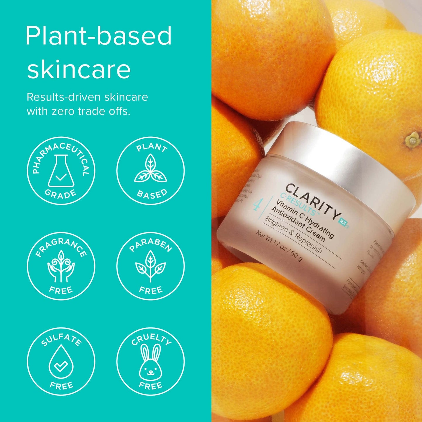 ClarityRx C-Results Vitamin C Hydrating Antioxidant Face Cream, Natural Plant-Based Anti-Aging Facial Moisturizer for Brighter Skin