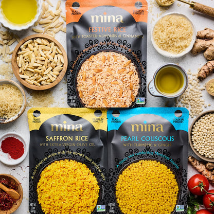 Mina Saffron Rice, Yellow Rice, With Extra Virgin Olive Oil, Ready to Eat Rice Pilaf, Side Dishes, Microwave Rice, Vegan Protein, Non-GMO, Gluten-Free, Kosher, 8 oz (Pack of 6)