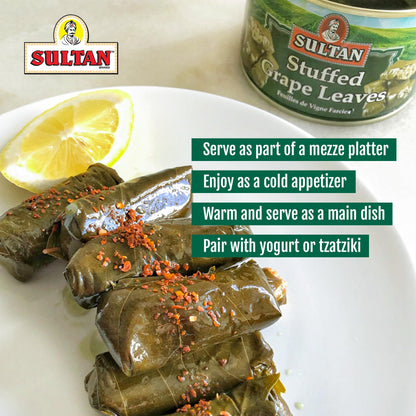 Sultan Vegetarian Stuffed Grape Leaves – Halal Mediterranean-Style Dolmas – Hand-Rolled, Pre-Cooked Canned Food – Rice & Herb Filling – Ready to Eat Hot or Cold – Perfect for Mezze, 4.4lb