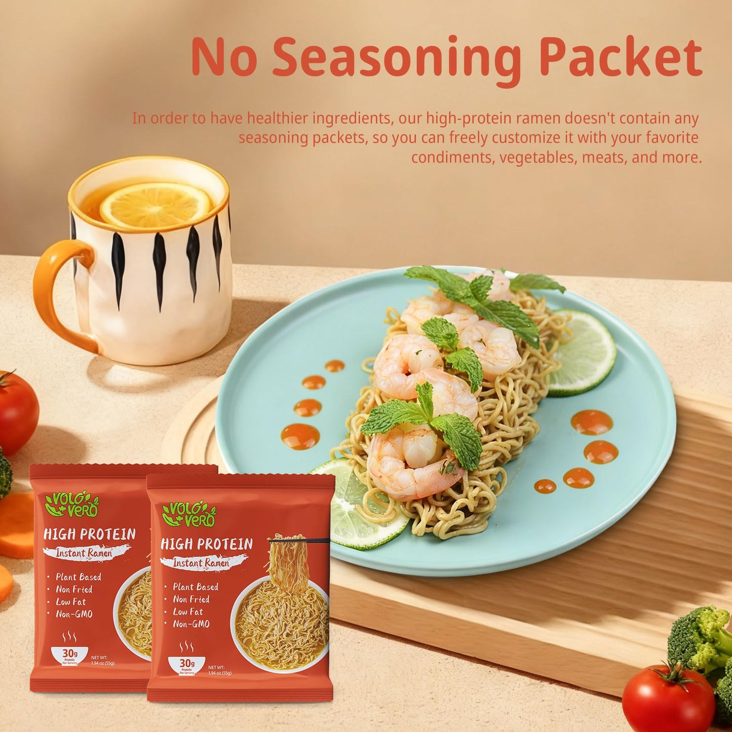 VOLO VERO High Protein (30g) Ramen Noodles Plain, 8 Pack Plant-Based Vegan Noodle | Sugar-Free, Low Fat, Non-Fried, Non-GMO, Egg & Dairy Free | Ready to Eat, Healthy Asian Meal Alternative