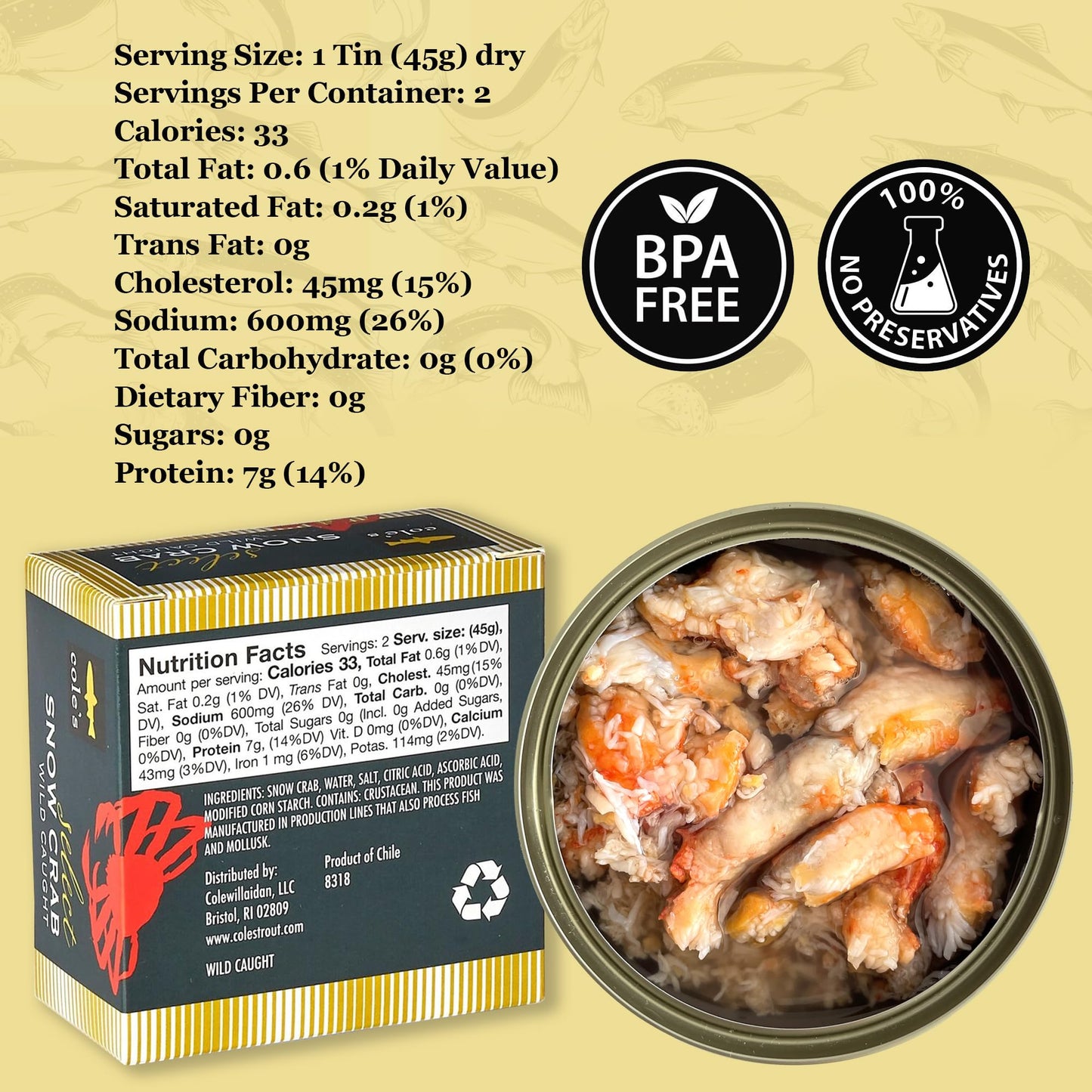 COLE'S Select Snow Crab Meat - Wild Caught from Patagonian Waters of Chile- High in Protein & Omega 3 Nutrients- No Preservatives - 5.3 oz Can- 1 Can