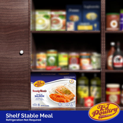 KJ Poultry Kosher Ready Meals - Salmon Fillet Fish, Parve MRE Meal Ready to Eat, Protein Food, Halal, (1 Pack) Prepared Entree Fully Cooked, Shelf Stable Microwave Dinner, Travel, Military, Camping