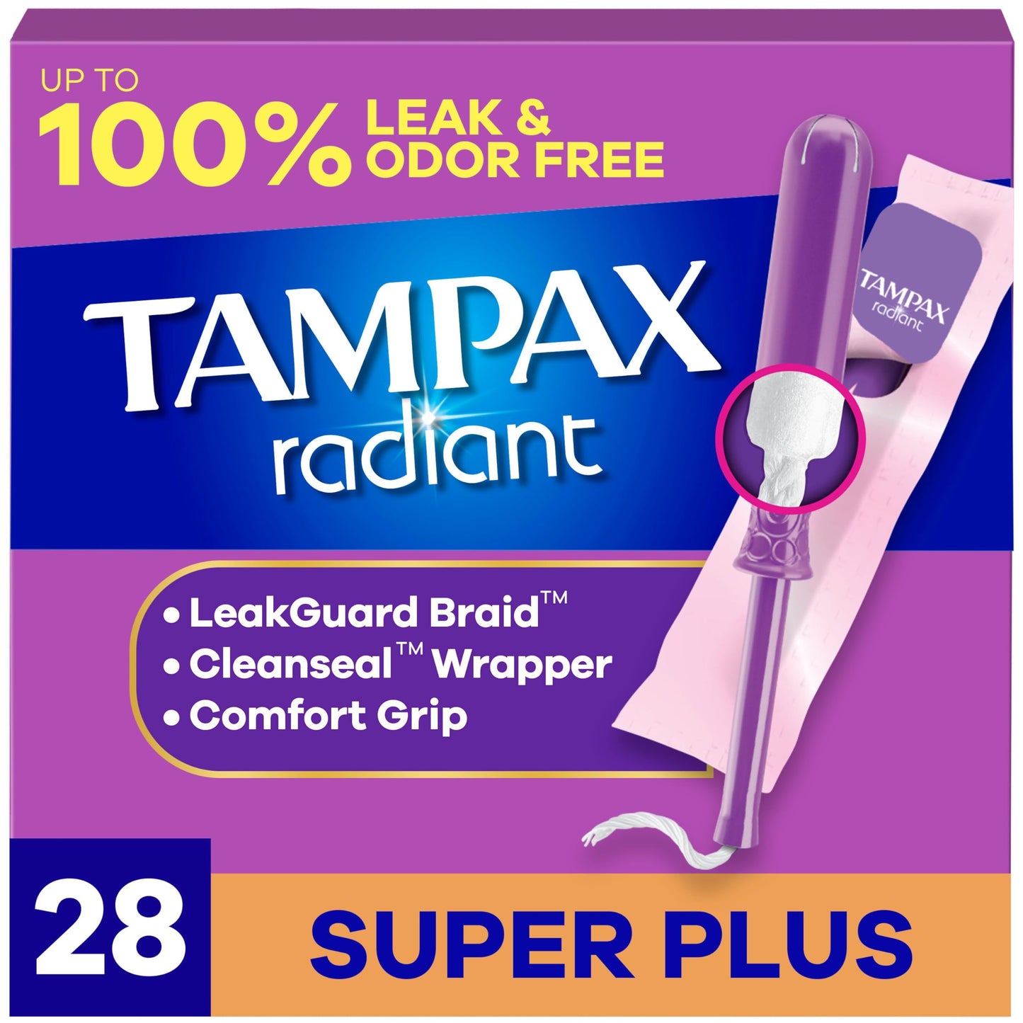 Tampax Radiant Tampons, with LeakGuard Braid, Super Plus Absorbency, Unscented, 28 Count