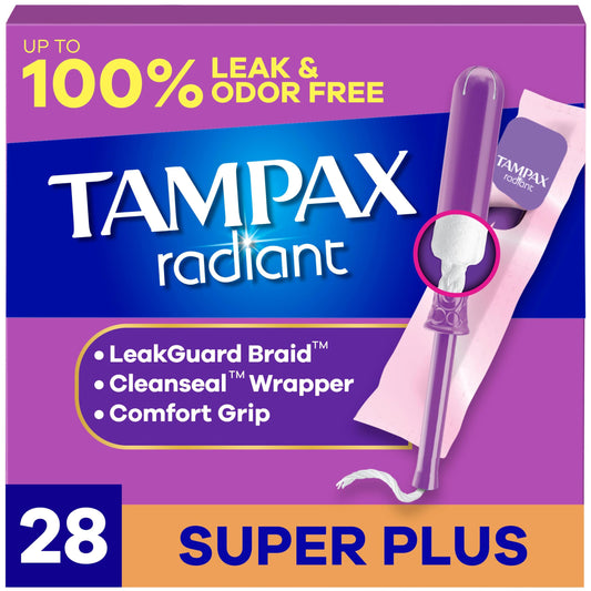 Tampax Radiant Tampons, with LeakGuard Braid, Super Plus Absorbency, Unscented, 28 Count