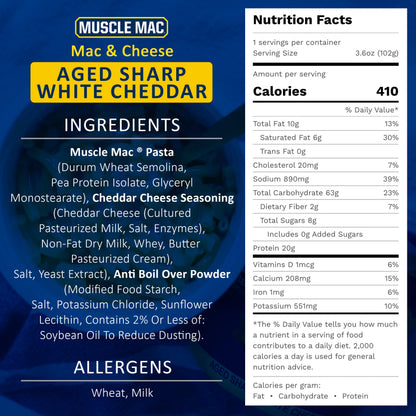 Muscle Mac Microwavable Macaroni & Cheese Cups - Aged Sharp White Cheddar Cheese - Made With Real Cheese & Butter from GrassFed Cows - Vegetarian-Friendly Pea Protein - 3.6 oz. (Pack of 12)