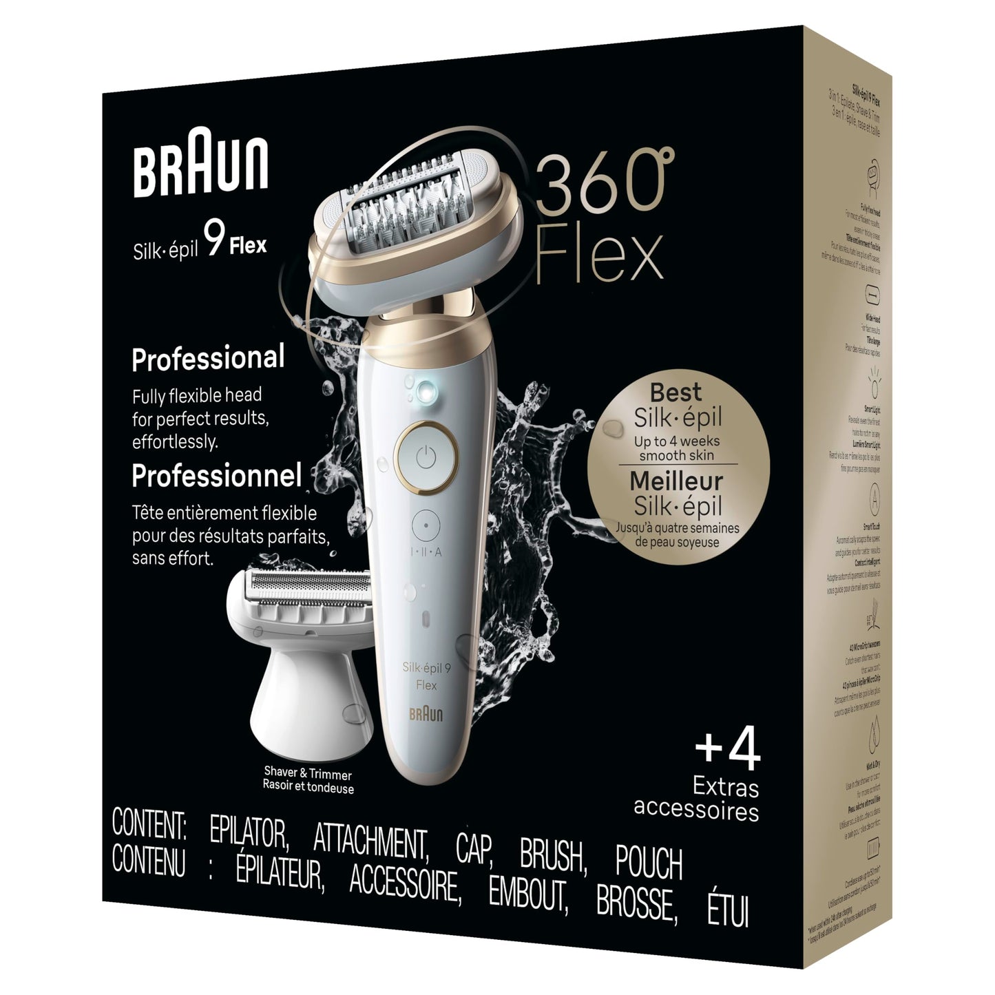 Braun Silk-épil 9 Flex Epilator, 360 Flex and Pivoting Head, Wet and Dry, Includes Shaver Head, Trimmer Comb, SES9-041 3D, Tinted Gold, Holiday Gifts for Women