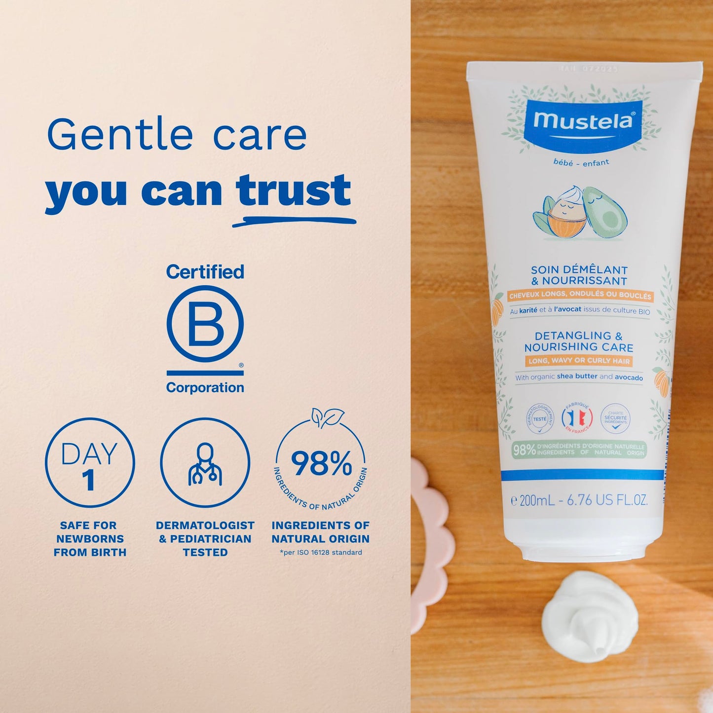 Mustela Detangling & Nourishing Conditioner - Natural Shea Butter & Avocado - Curly & Frizzy Hair - Dermatologist-tested & safe for Babies and Kids - 6.76 US Fl. Oz.