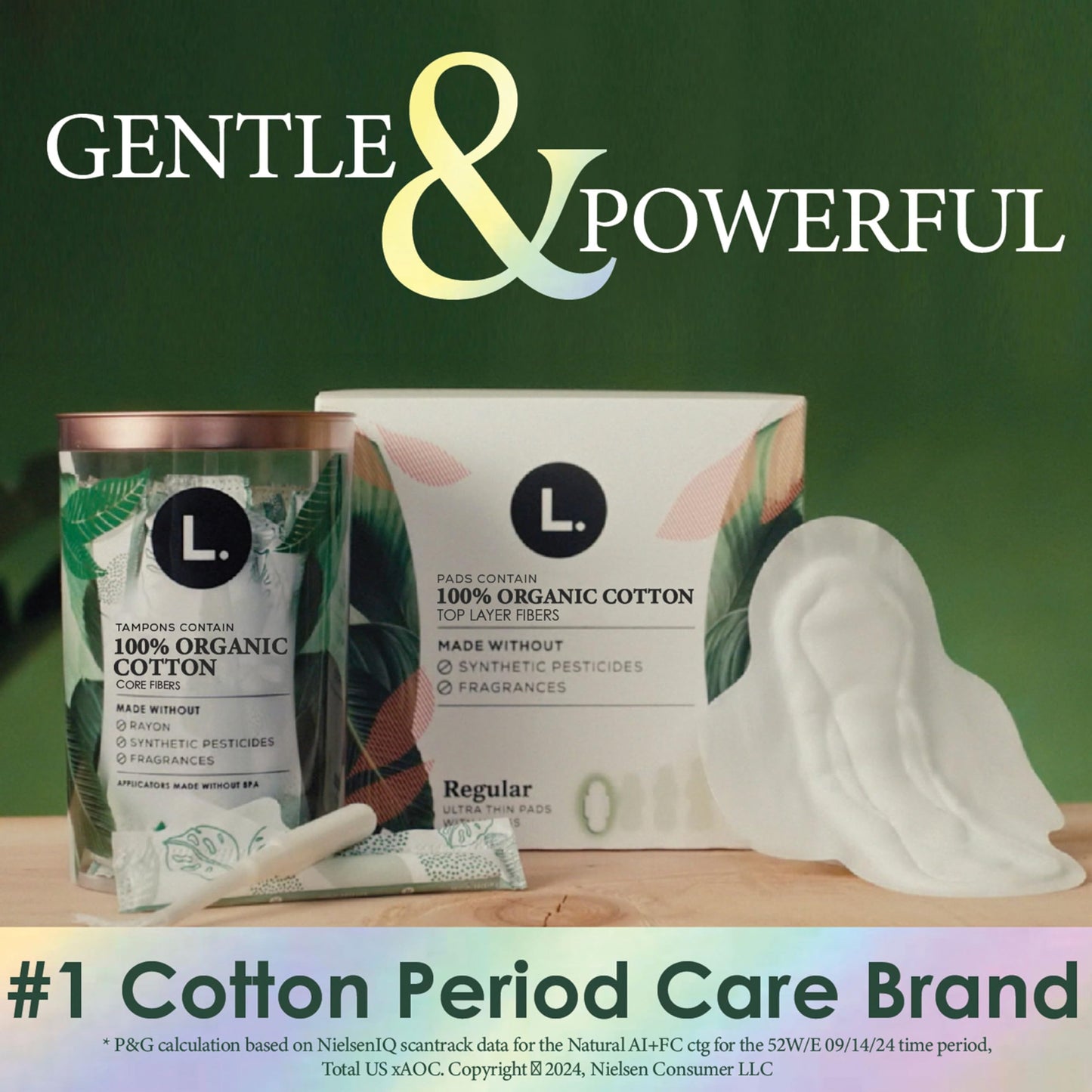 L. Tampons, Made with Organic Cotton, Regular/Super Absorbency, Multipack, Made Without Synthetic Pesticides, Rayon or Fragrances, Applicator Made Without BPA, Leak-Stopping Design, 18 Count